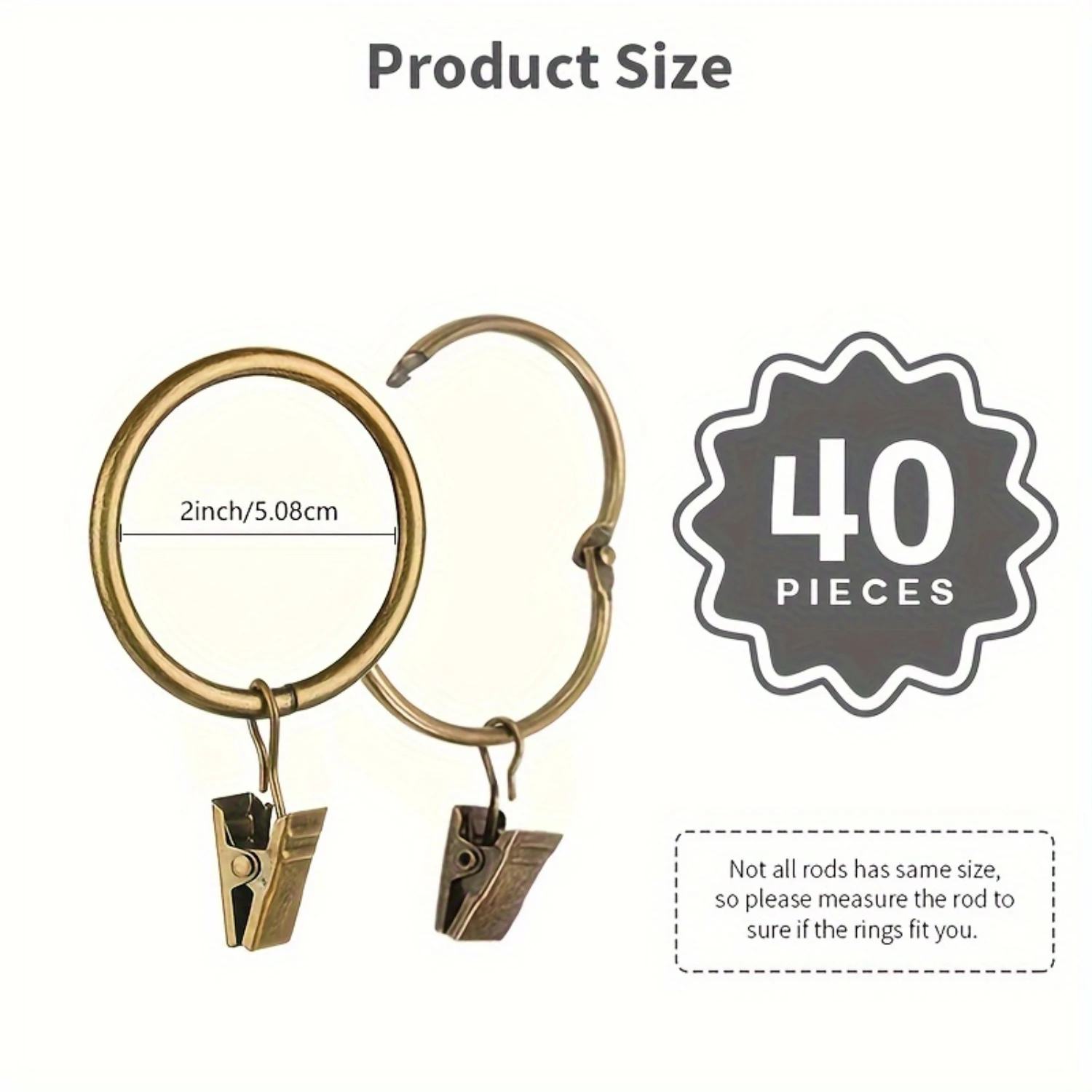 40pcs Curtain Rings With Clips, Strong Metal Decorative Drapery Clip Rings, Rust-Resistant Hanger Clips For Bathroom, Living Roo
