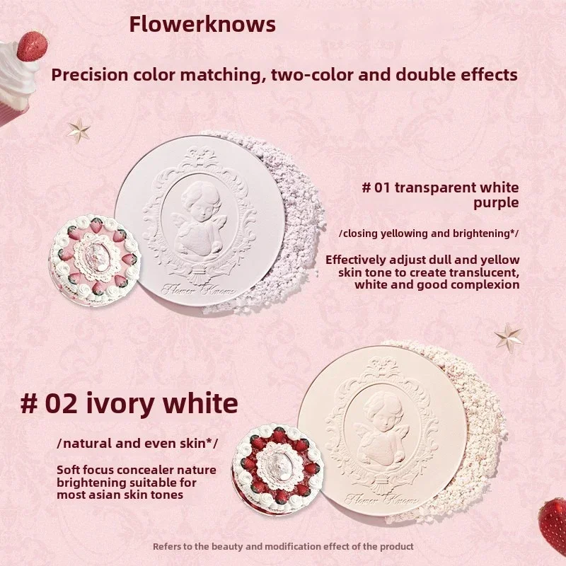 Flower Knows Strawberry Cupid Collection Pressed Powder Mineral Makeup Powder Foundation With Concealer & Finishing Vegan - Image 3