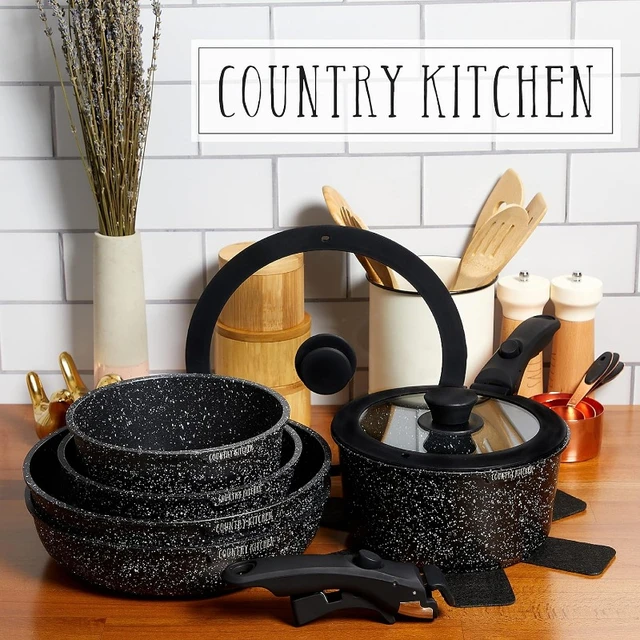 Country Kitchen 16 Piece Pots and Pans Set - Safe Nonstick Ceramic Coating  Kitchen Cookware with Soft Touch Wooden Removable Handle, RV Cookware Set