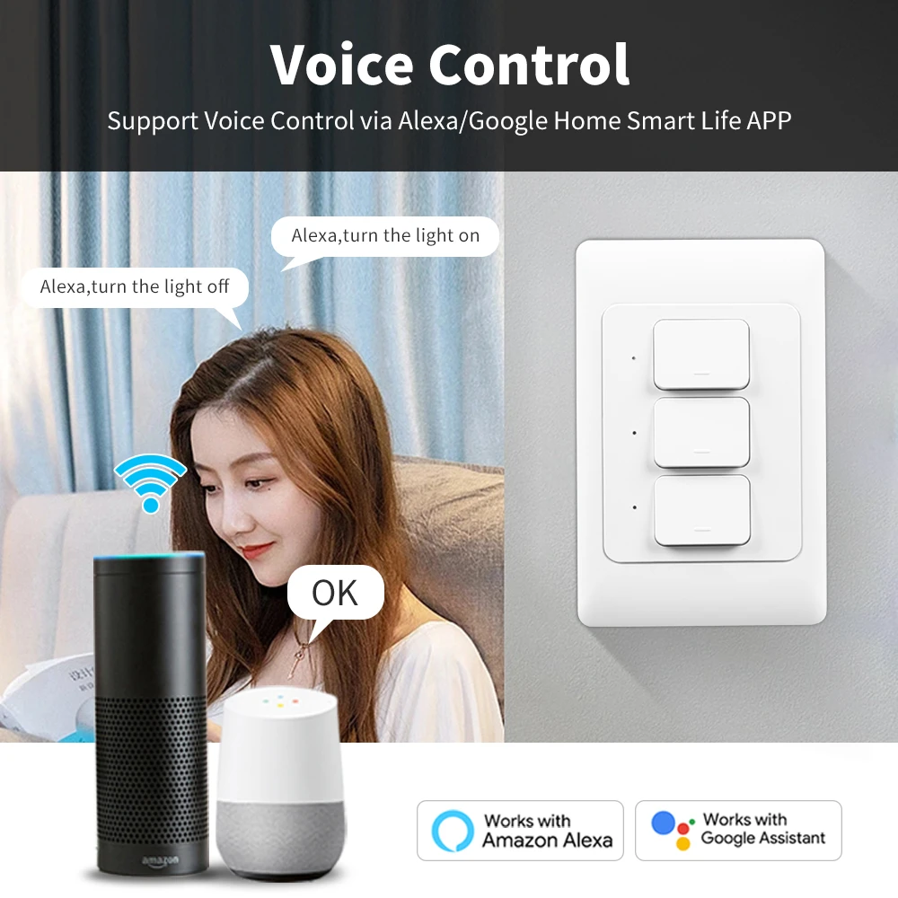 Tuya WiFi/Zigbee Smart Wall Light Push Button Physical Switch 100-240V 1/2/3 Gang Remote Control Work with Alexa Google Home