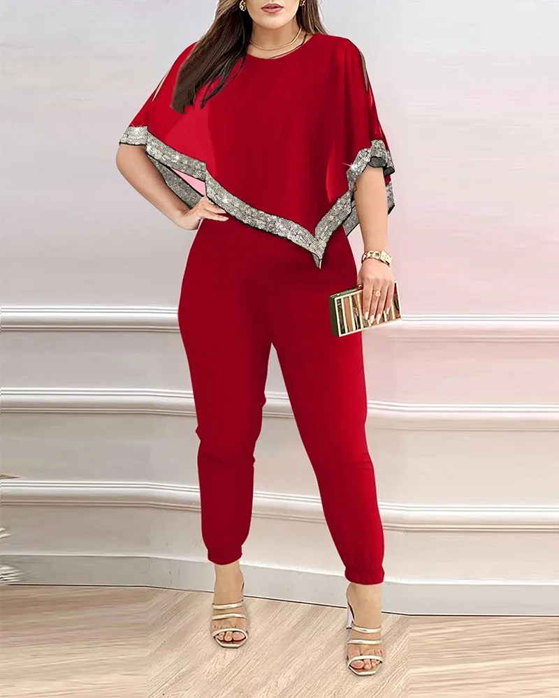 

Set For Women's Sexy Off-shoulder Chiffon Sequined Top + Pencil Pants -2piece Suit Elegant Ladies Slim Fit Red Suit 2024 Autumn