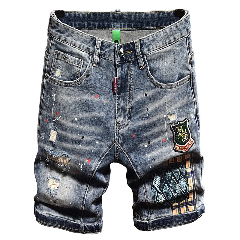 Trendy Summer Denim Shorts, Men'S Cropped Pants With Holes, Korean Version, Trendy Paint Dot Elastic Pants, Men Horse Pants