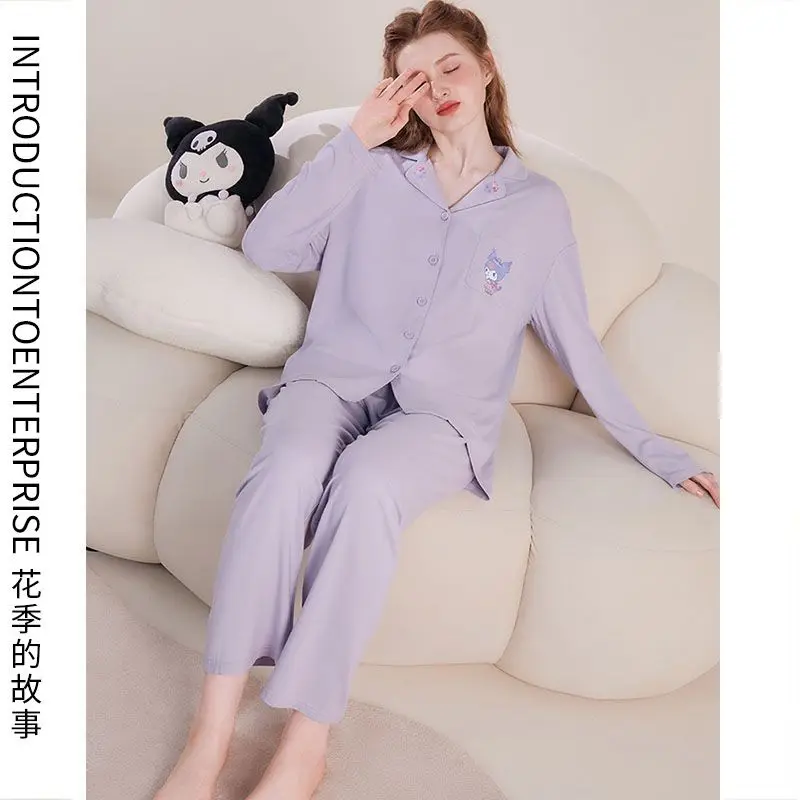 

Sanrios Kawaii Pajamas for Women Cartoon Cinnamoroll My Melody Solid Color Ins Cotton Pajama Sets Autumn Long Blue