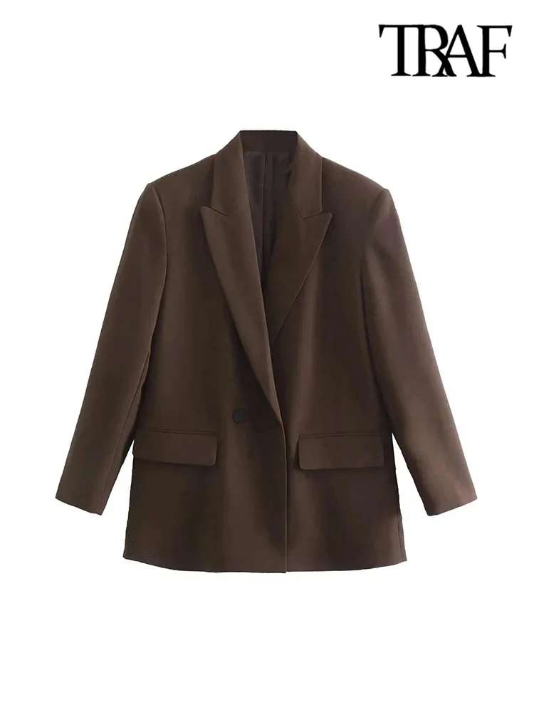 TRAF Women Fashion Double Breasted Loose Fitting Blazer Coat Vintage Long Sleeve Pockets Female Outerwear Chic Veste Femme 4