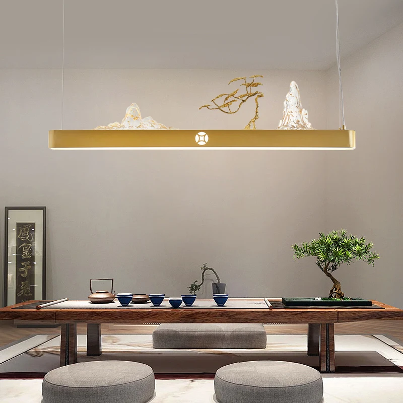 

TEMAR Modern Home LED Pendant Light Chinese Creative Gold Rectangular Hill Pattern Chandelier Lamp For Teahouse Dining Room