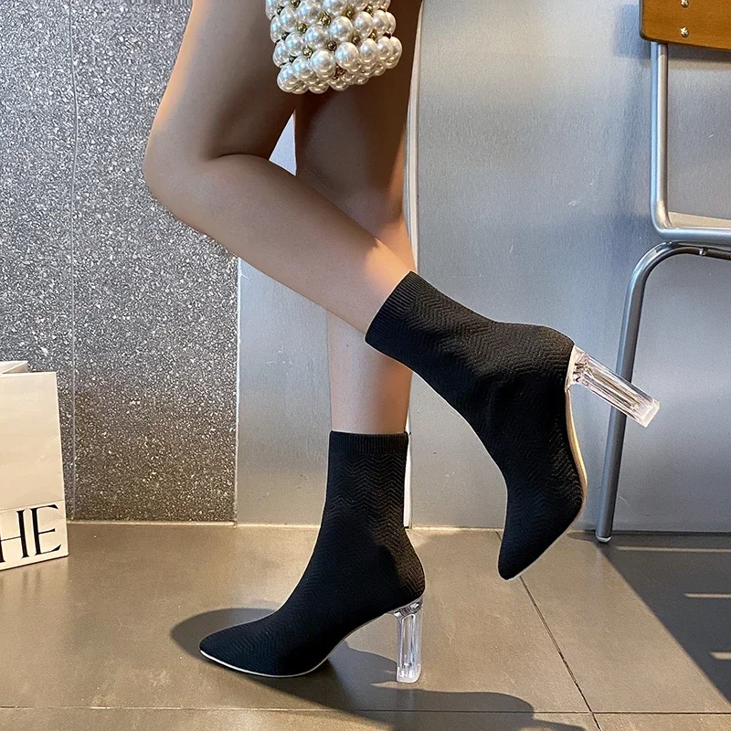 Sexy Pointed Toe Lady High Heel 2023 New Transparent Chunky Heel Women's Elastic Boots Plus Size 43 Elegant Wedding Bridal Shoes