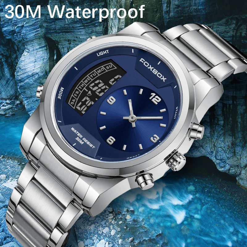 FOXBOX Top Brand Digital Men Watches Casual Man Quartz Luminous Wristwatch Stainless Steel Military Waterproof Sports LCD Clock