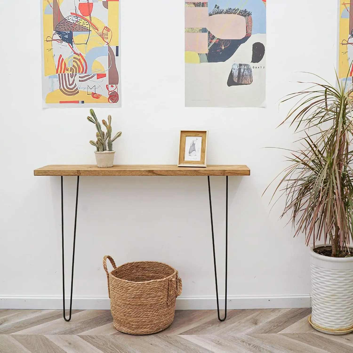 Console Sofa Table Wall-Mounted Side Table Industrial Wood Table for Entryway Living Room with Two Iron Feet, Rustic Brown