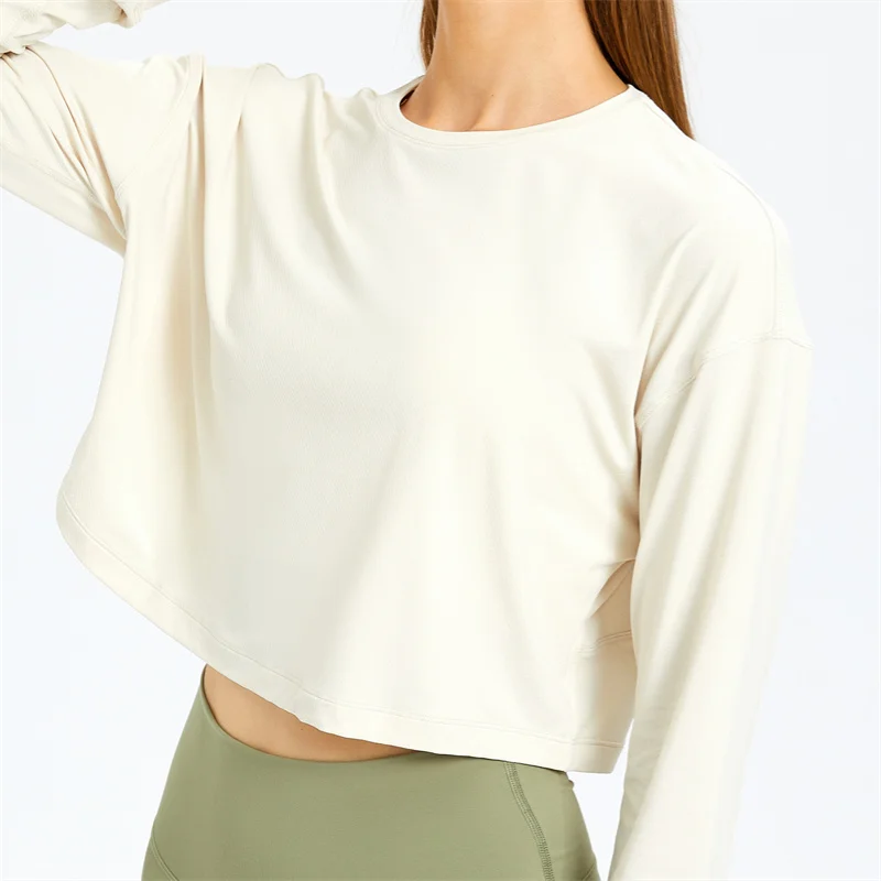 Workout Shirts Long Sleeve Crop Top Cropped Sweatshirt Round Neck Sports Gym Yoga Tshirt