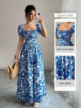 Elegant Women's Floral Print Bubble Sleeve Dress, Blue Long Dress, Front Tie Back Gathered Waist, Casual Vacation 1