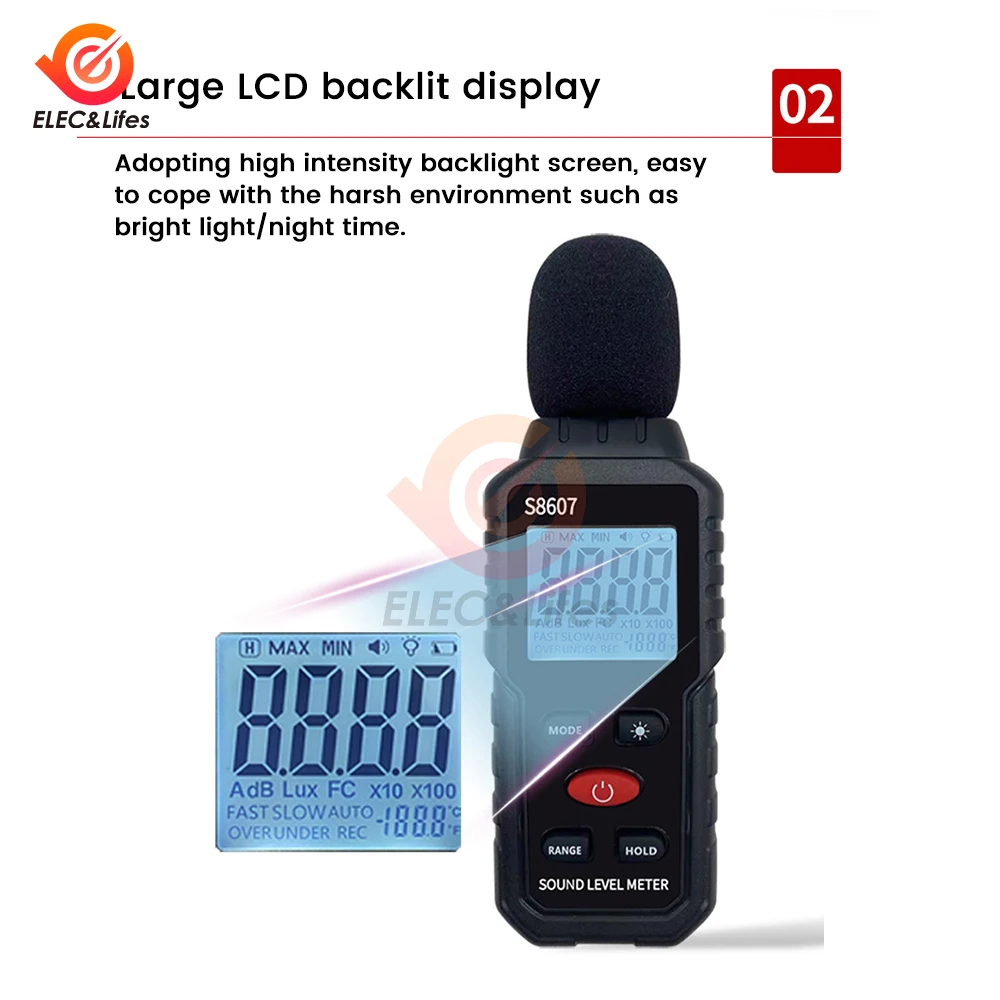 S8607 Digital 30~130dB Decibelimeter dB Meter Sound Level Meter Measure Sound Noise Level Decibel Meter 0.1dB Professional Sound 4