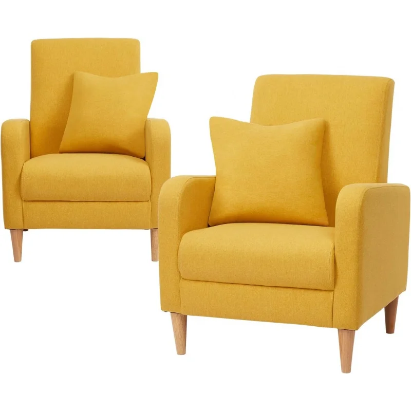 Modern Accent Living Room Chairs Set of 2, Upholstered Fabric Armchair Reading Side Chair, Single Sofa with Back Pillow and Wood