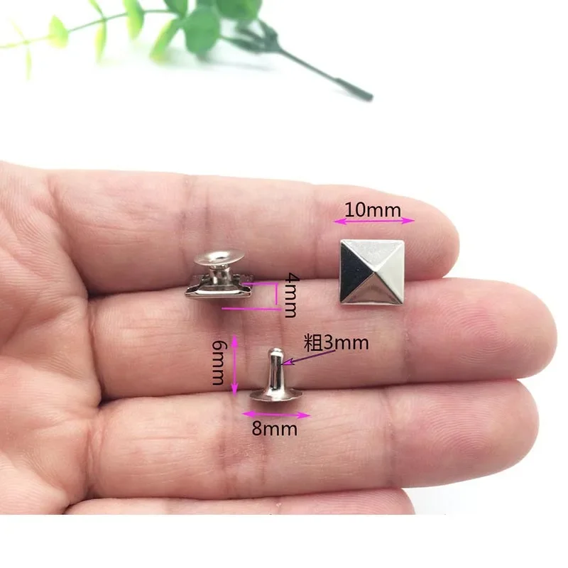 100개/배치 10mm 피라미드 사각 베이스 네일 펑크 의류 리벳 캡 스터드 캡 가죽 공예 리벳 액세서리