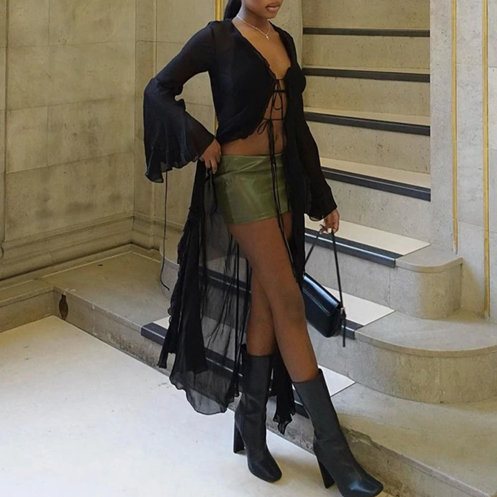 

Женские пляжные платья, пляжная одежда, повседневные длинные платья на шнуровке, сетчатые с длинным рукавом и круглым вырезом, легкая эластичная ткань 2023