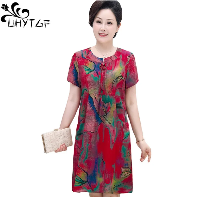 

UHYTGF 6XL Korean Women's Dress Printed Cotton Silk Vintage Summer Dresses Female O Neck Pullover Mom Thin Clothes Vestidos 2405