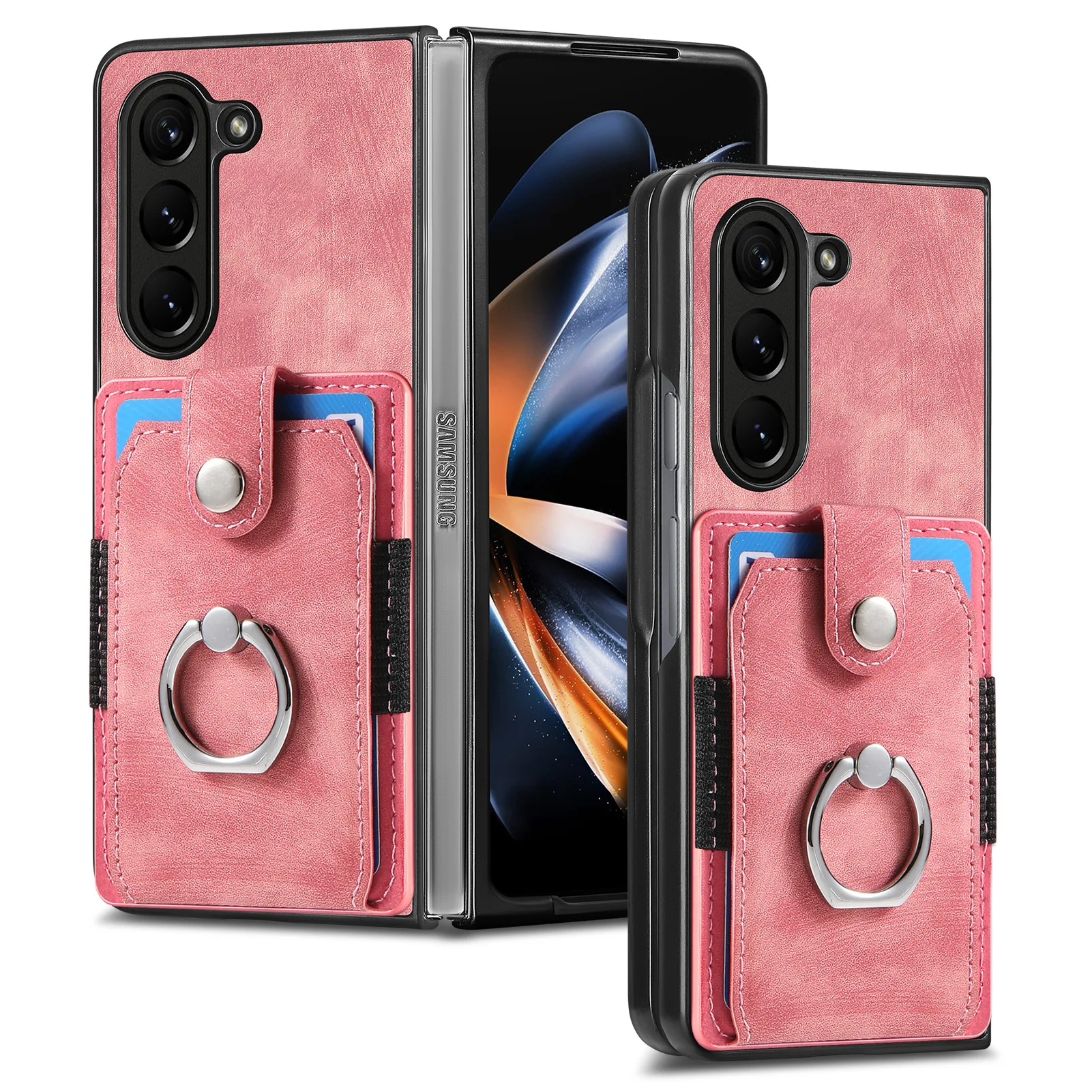 Retro Leather Ring Wallet Phone Case with Card Holder and Protective Cover