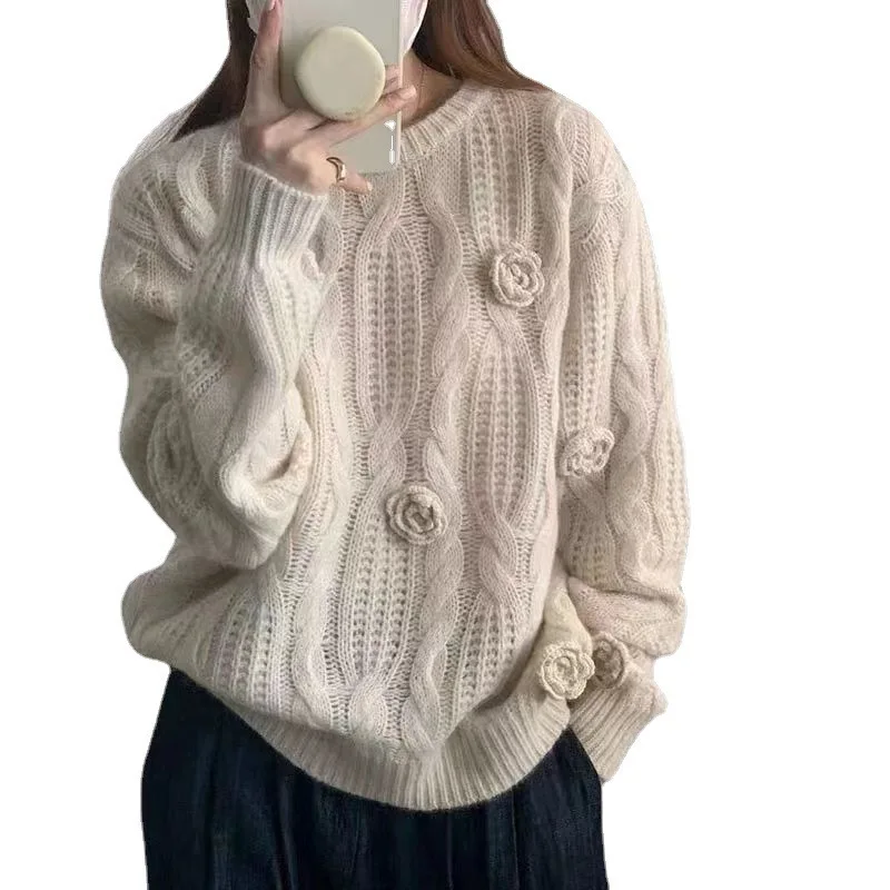 Autumn Winter Knitted Rose Sweater