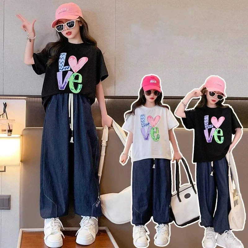 

Fashion Girls Clothes Summer New White Crewneck Letter Print Pullover Elastic Waist Denim Trousers 2pcs Casual Outfit Set 4-14 Y