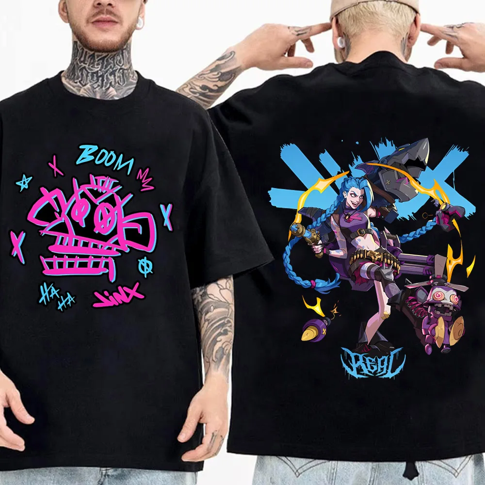 Cartoon Arcane T Shirt Men Jinx Fashion Streetwear Anime Graphic Tee Tops High Quality Cotton Short Sleeve T-shirt 2