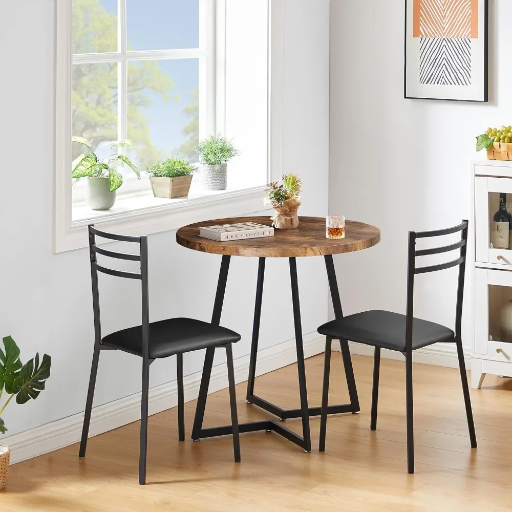 

Round Kitchen Table with 2 Upholstered Chairs, 3-Piece Wood Dinette Sets with Steel Frame for Breakfast Nook, Dining Room