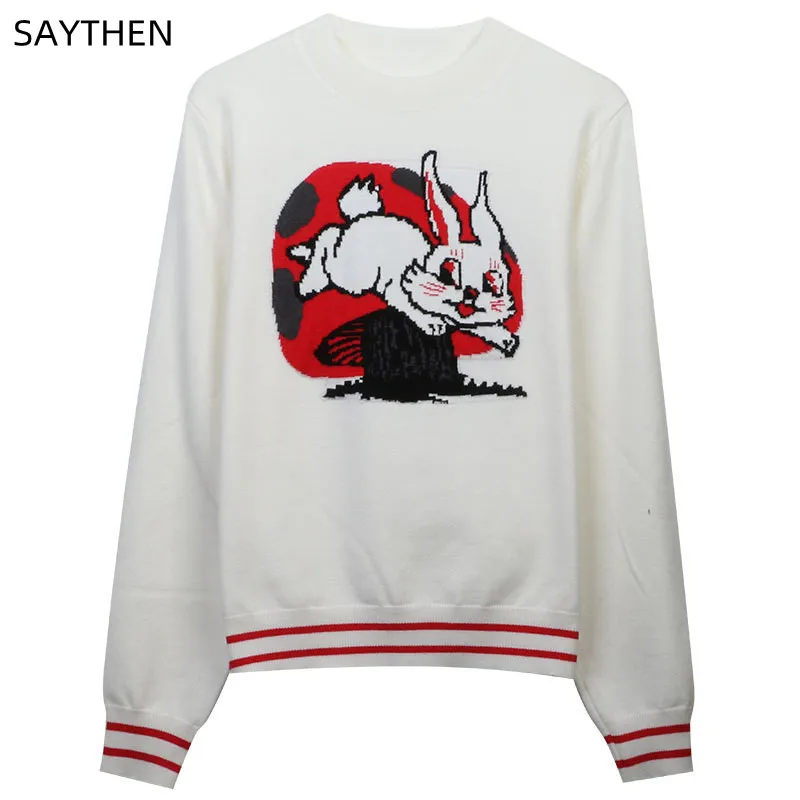 

SAYTHEN 2023 Cute Cartoon Rabbit Mushroom Jacquard Sweater Winter Spring Women's Round Neck Casual Style White Knitted Pullover