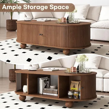 Oval Coffee Table with Storage 47.3 Mid Century Modern Coffee Tables with Sliding Tambour Doors Wood Fluted Accent Center Table 5