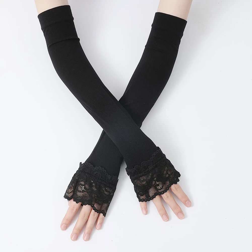 

Summer Lace Arm Sleeve Wrist Sleeve Sunscreen Driving Gloves Fingerless lady Long Gloves Black White Elastic Mittens Covered