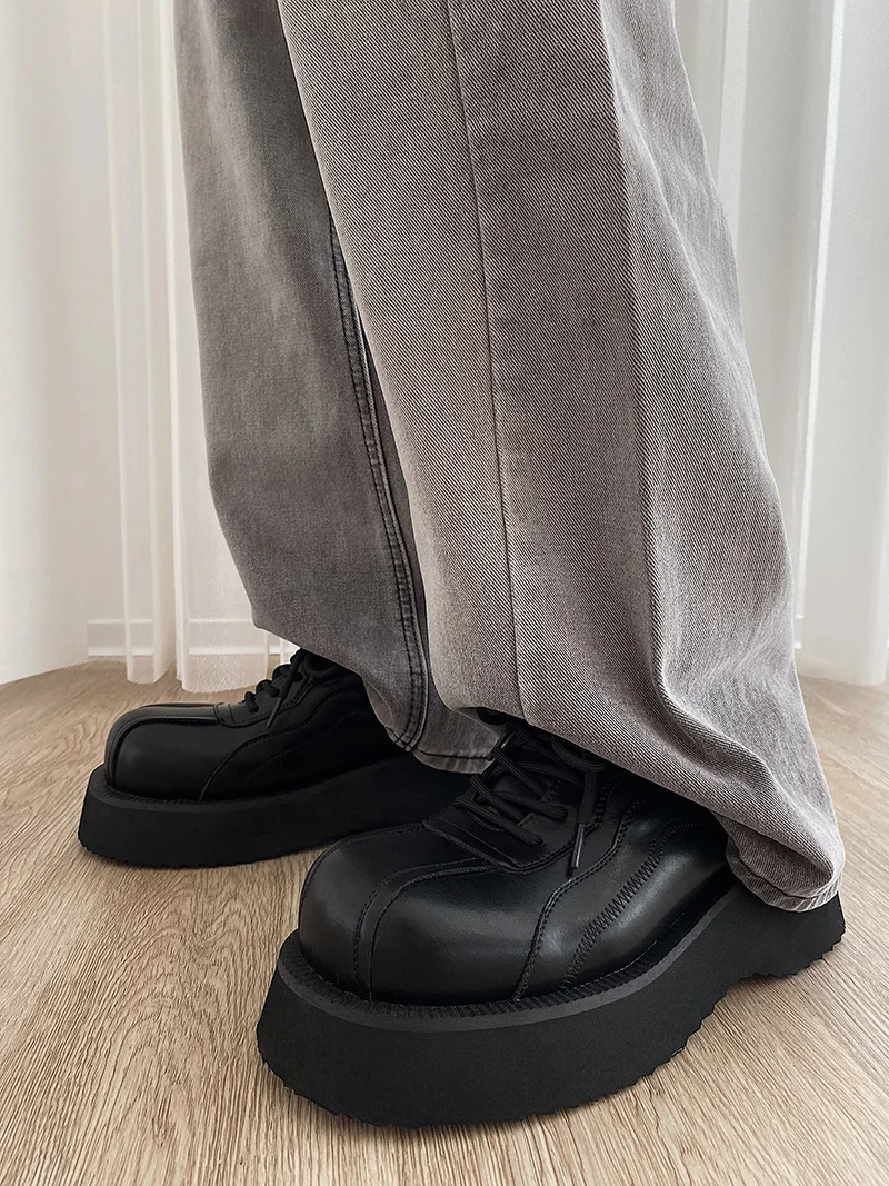 Thick Bottom Height Increasing Non-Slip Wear-Resistant Lace-up Low-Top Casual Muffin Men's Loafers Dark 5