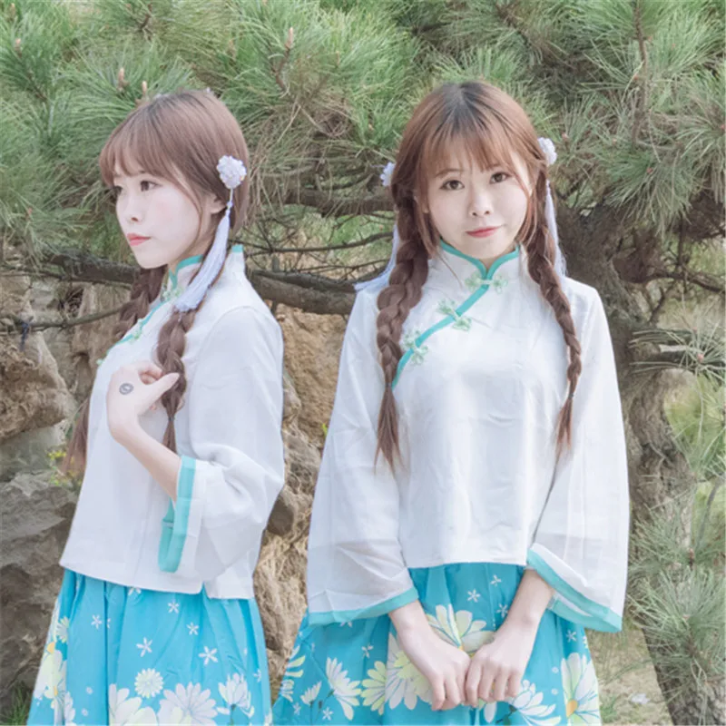 

Girls Summer Daisy Printed Top Skirt Set Old China Traditional Hanfu Retro Maid Cosplay Costume Ladies Dress Up Ethnic Outfits