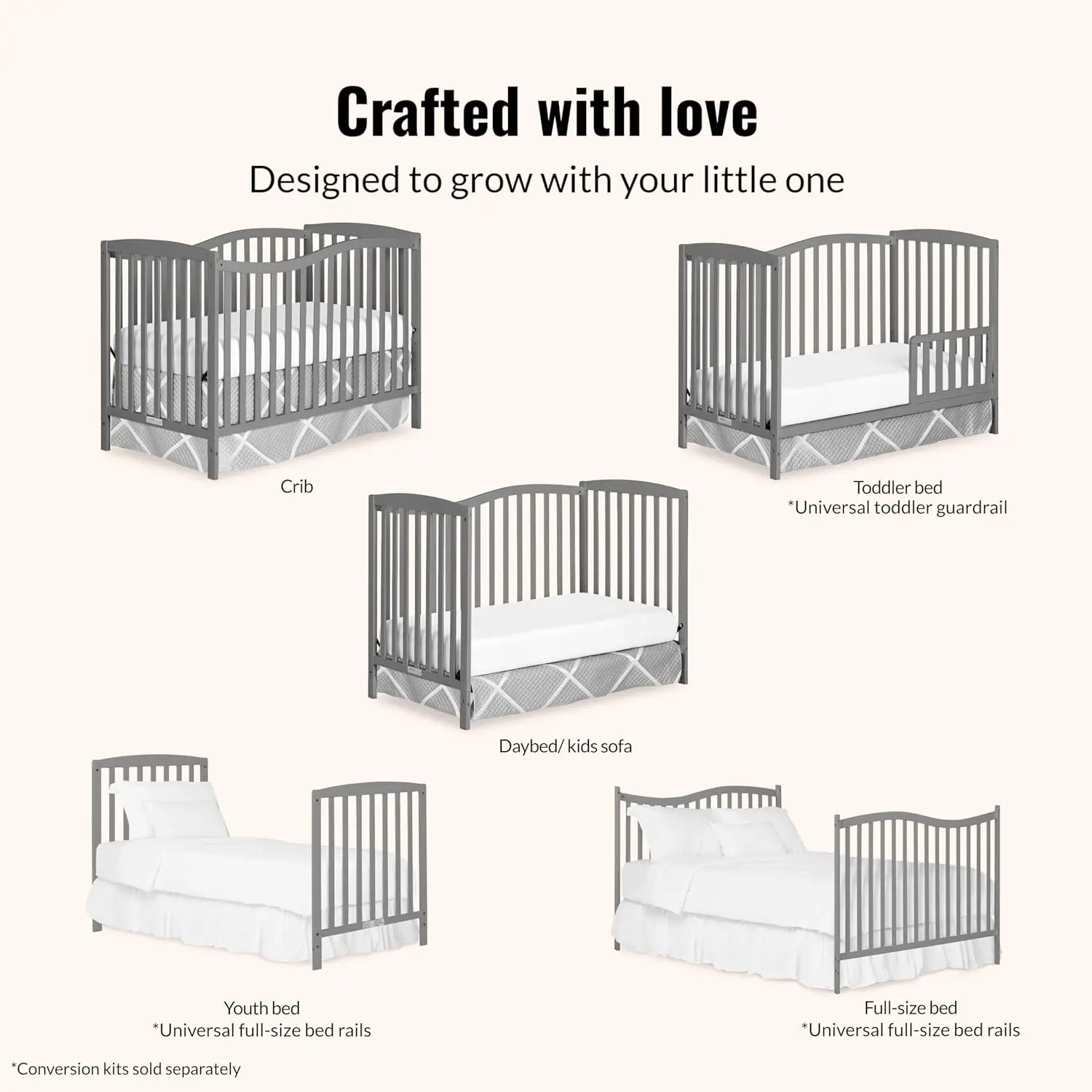 Chelsea 5-in-1 Convertible Full-Size Baby Crib in Steel Grey, GreenGuard Gold & JPMA, Pinewood, 4 Mattress Heights, Converts