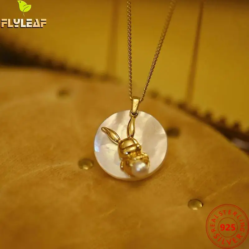 

Real 925 Sterling Silver Shell Freshwater Pearl Rabbit Pendant Necklace Women Original Design 20k Yellow Gold Plating Jewelry