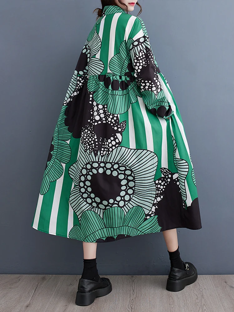 Long Sleeve Vintage Pattern Print Shirt Dresses For Women New Loose Casual Midi Dress Fashion Elegant Clothes Spring Autumn 2025