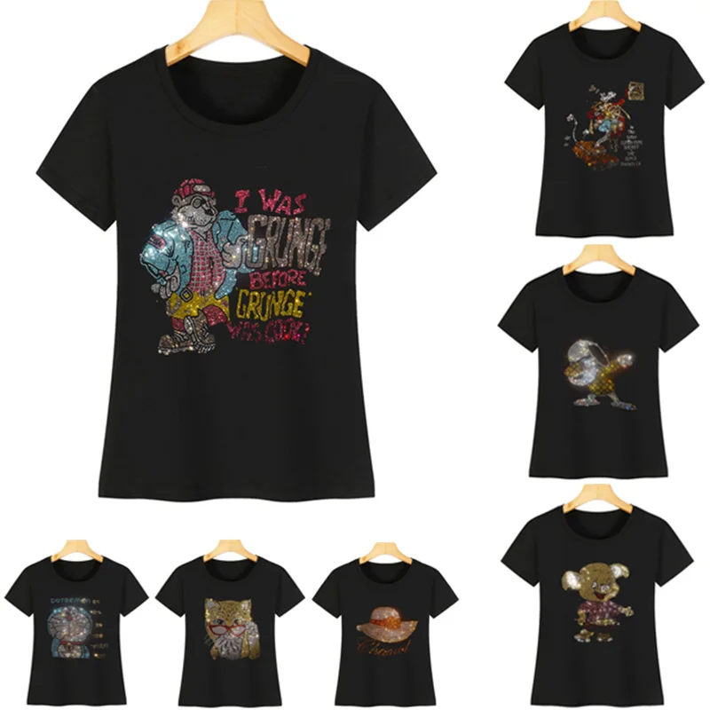 

High-quality rhinestone T-shirt women's summer short-sleeved female fashion cotton women's crystal hot diamond T-shirt