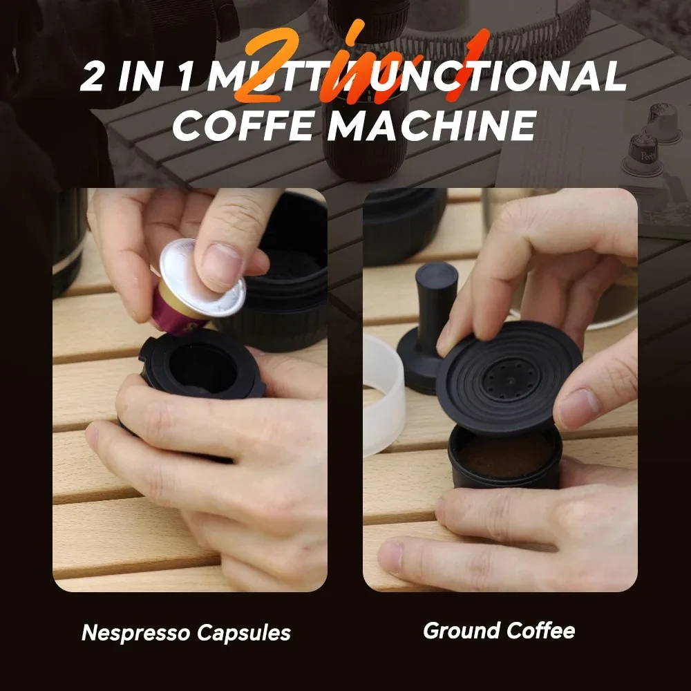 2in1 Portable Outdoor Rechargeable Coffee Machine Camping Travel Expresso Coffee Maker Fit Nexpresso Pod Capsule Coffee Powder 3