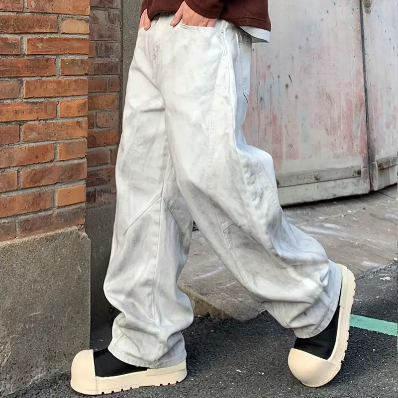 Loosen Wide Leg White Pants Men Hand-painted Spliced Denim Bottoms Man's Fall New Baggy Jeans 4