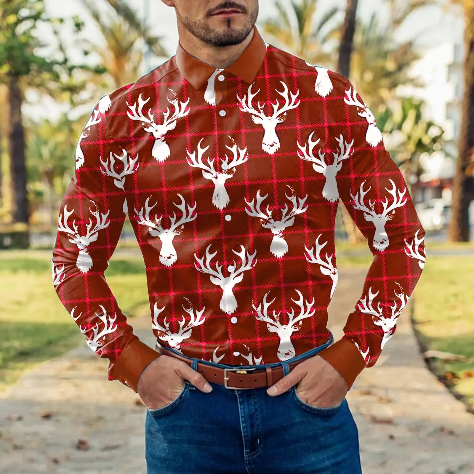 

2022 Men's Christmas Shirt Reindeer Social Dress Long-sleeved Shirt Business Casual Shirt Office Party Plus Size Shirt Male Tops