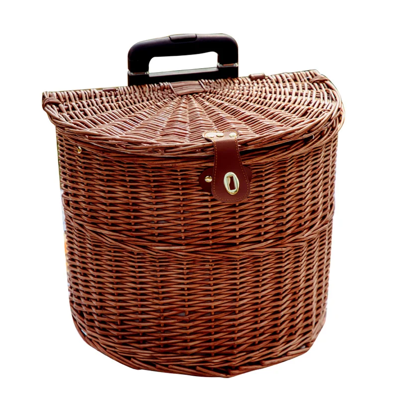 

Trolley Outdoor Woven Basket Storage Wicker Picnic Basket with Wheels Lid Large Capacity Picnic Basket
