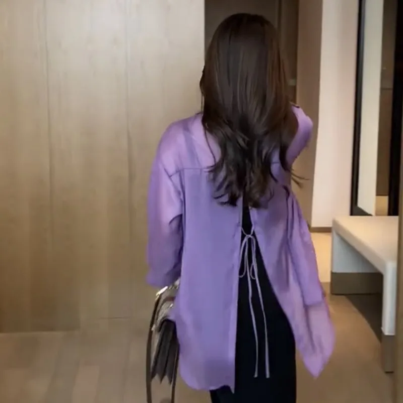 Women's 2024 Summer New Thin Blouses Minimalist Commute Solid Color Drawstring Polo Neck Cardigan Long Sleeve Poncho Shirts Tops