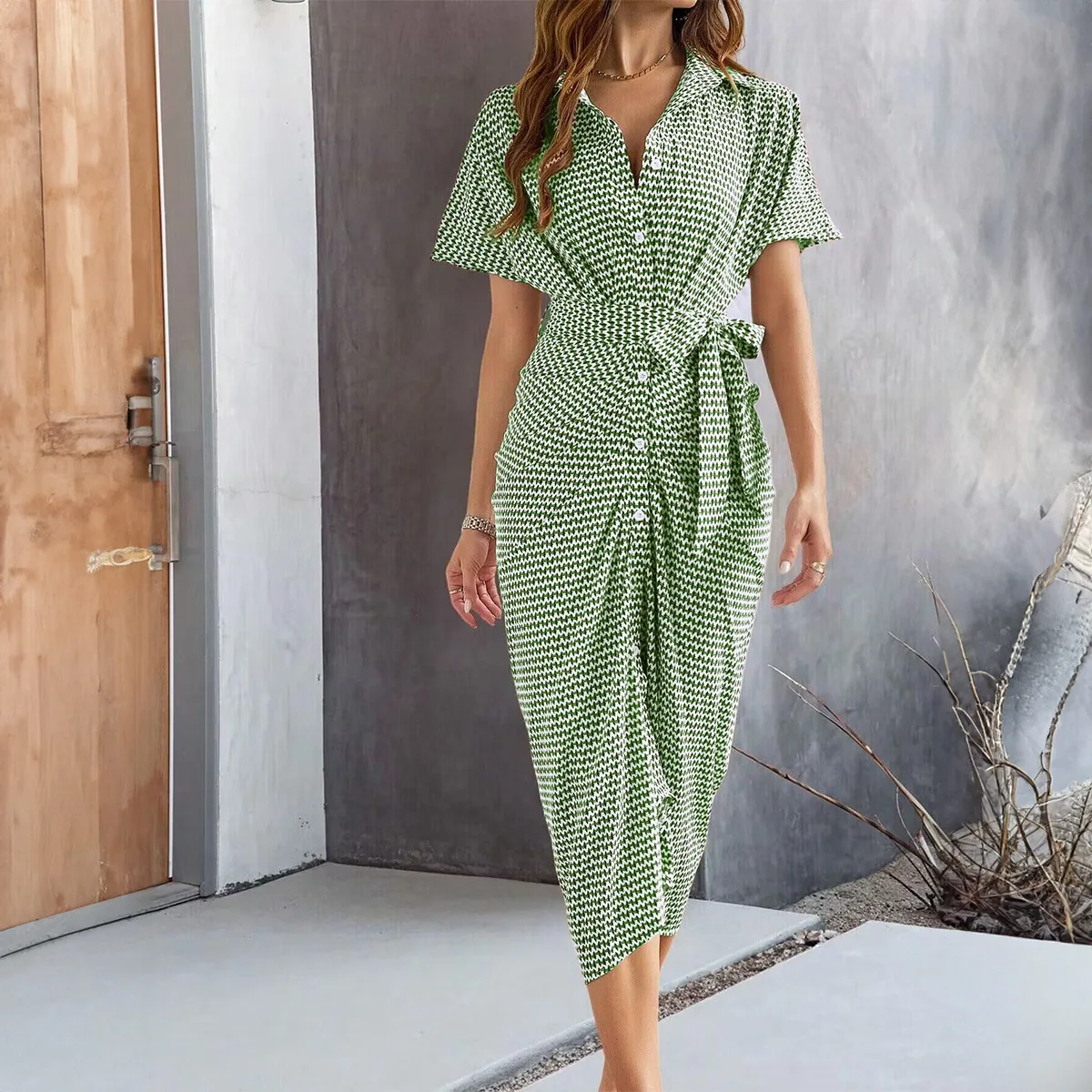 

Tied Striped Suit Skirt for Women V-neck High Waist Temperament Short-sleeved Dress with Breasted Buttons New Fashion