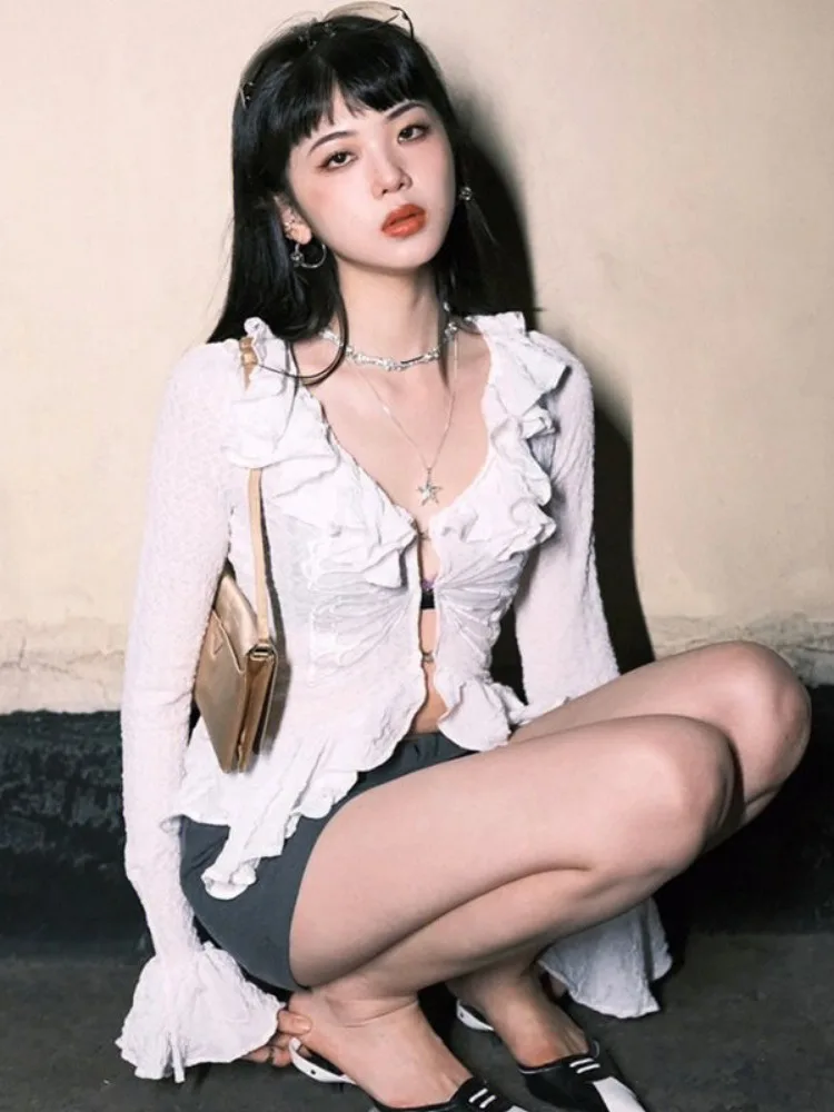 

Y2k Aesthetic Embroidery Butterfly Shirts Vintage Slim Sweet Streetwear Blusas Flare Sleeve Harajuku Ruffled Blouse Women 2023