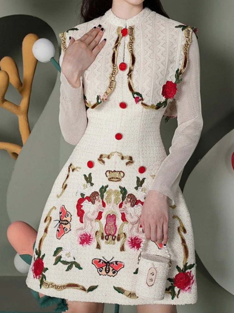 

Embroidered Floral Navy Collar Women Vintage Mini Dress 2023 Autumn New in Long Sleeve Elegant One Piece Niche Design Dress