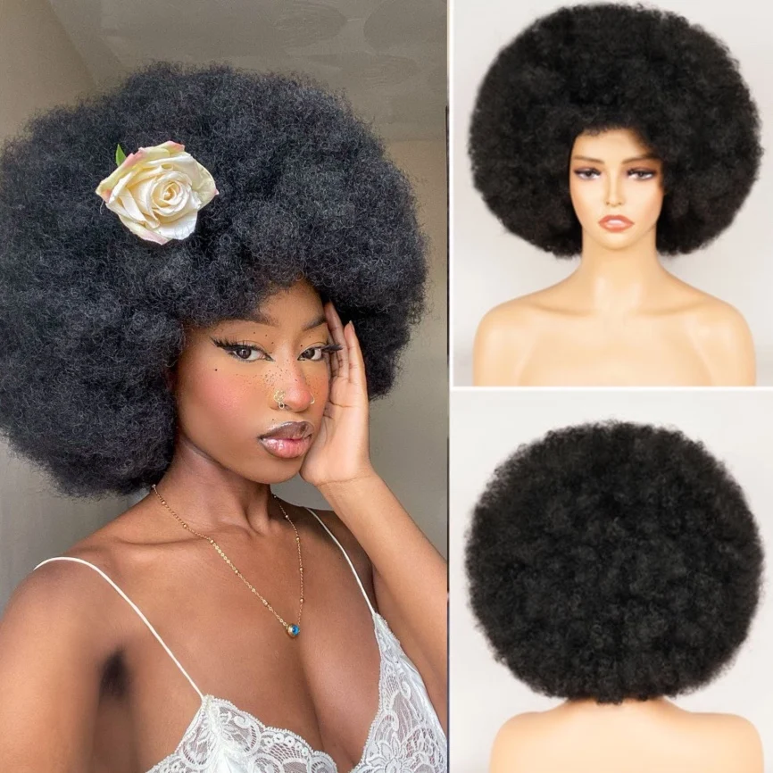 Afro Kinky Curly Wig Short Fluffy Hair With Bangs Deep Brown Wig For Black Woman African Synthetic Party Cosplay Wigs Perruque