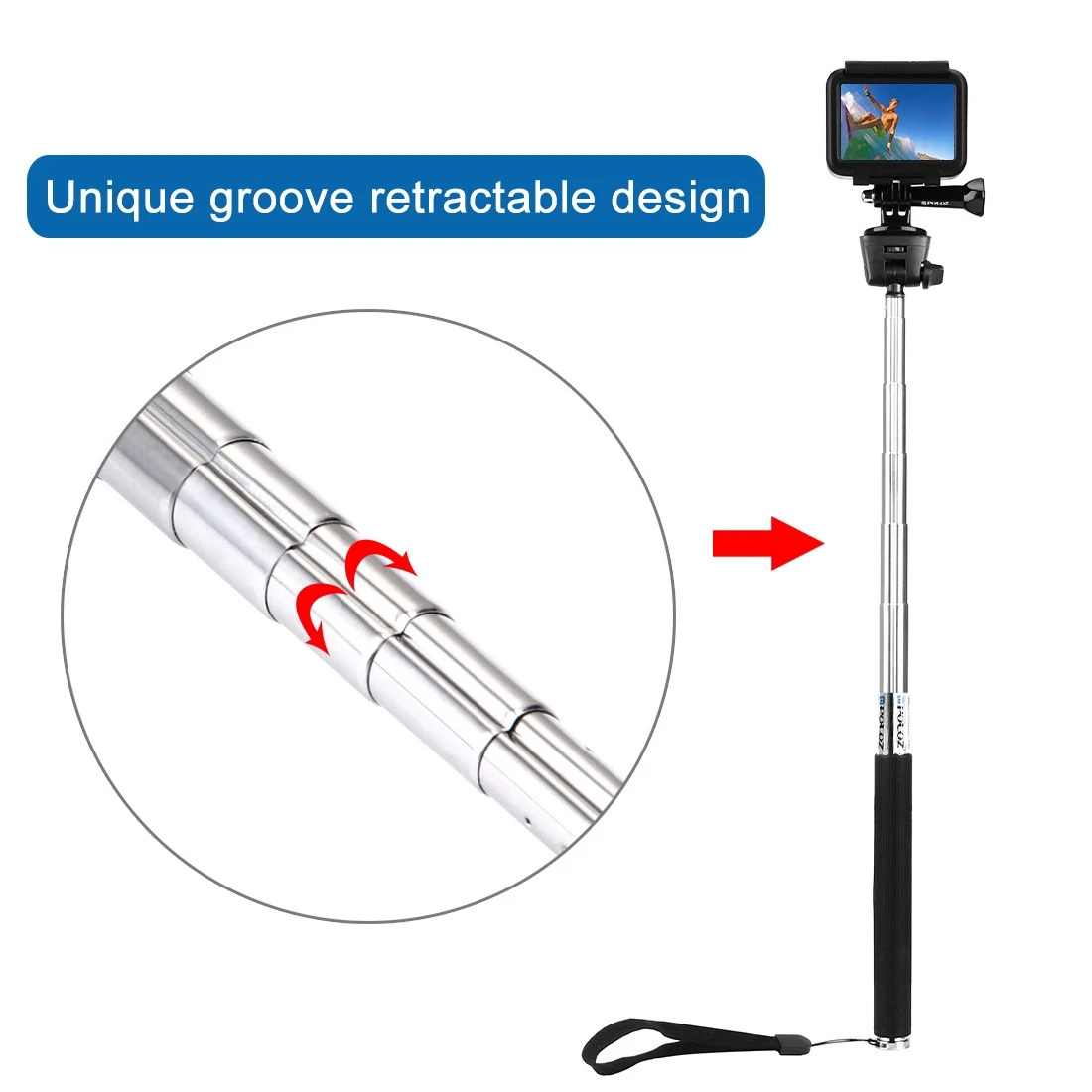 ULUZ Extendable Handheld Selfie Monopod for GoPro, Insta360, DJI and Other Action Cameras, Length: 22.5-80cm
