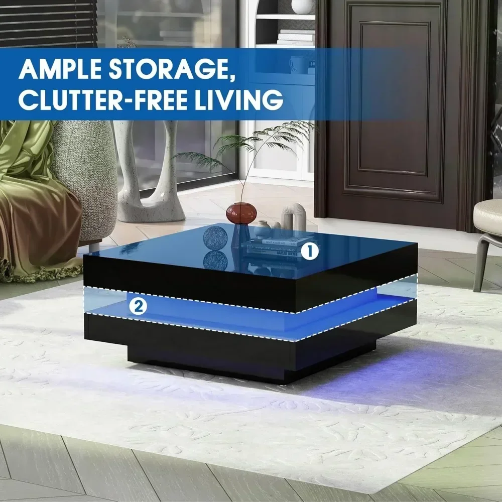 Coffee Table LED, 2-Tier Modern Middle Center Table, Coffee Tables with 16-Color Plug-in Light, Cocktail Tea Table, Table
