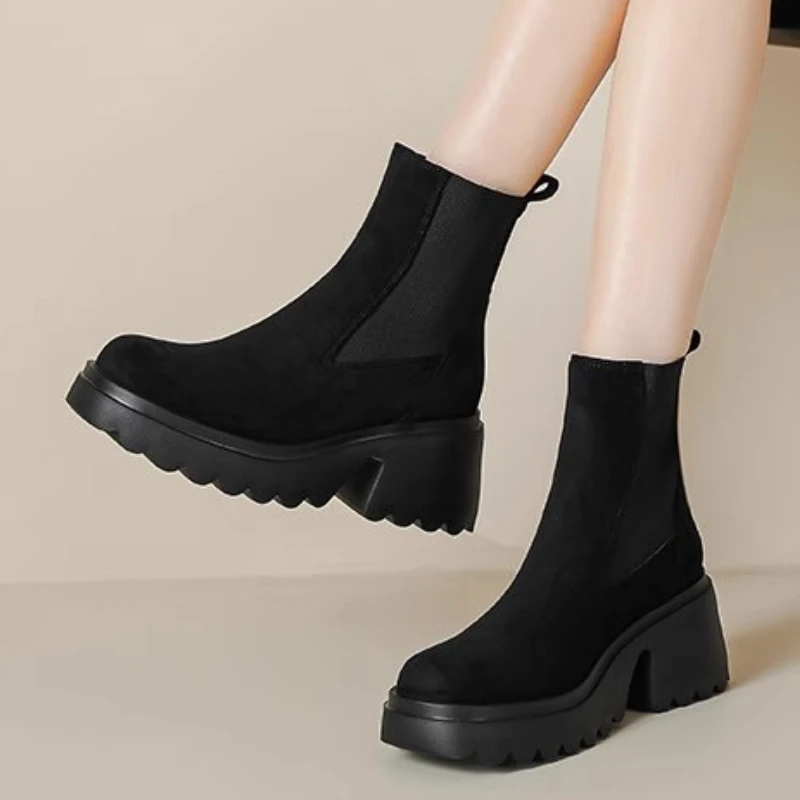 

Women's Casual Solid Short Boots 2023 Autumn Winter New Stretch Fabric Mid-Calf Boots Designer Platform Shoes Zapatos De Mujer