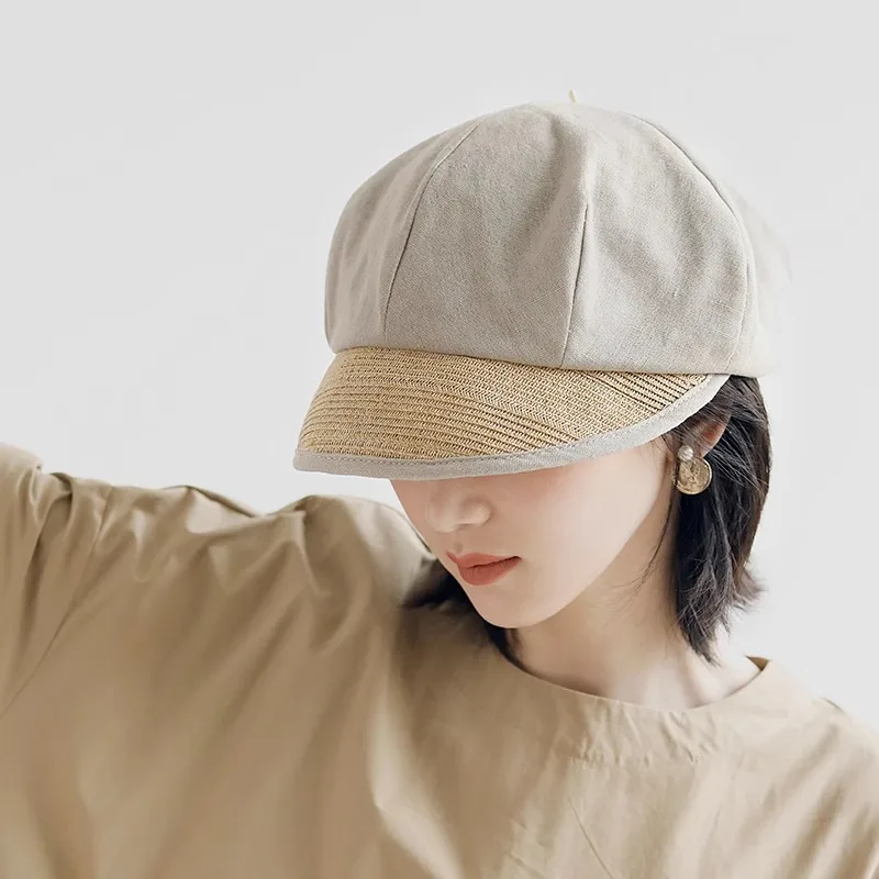 Spring and summer new thin braid splicing cap female Korean version of all literary cotton and linen newsboy hat