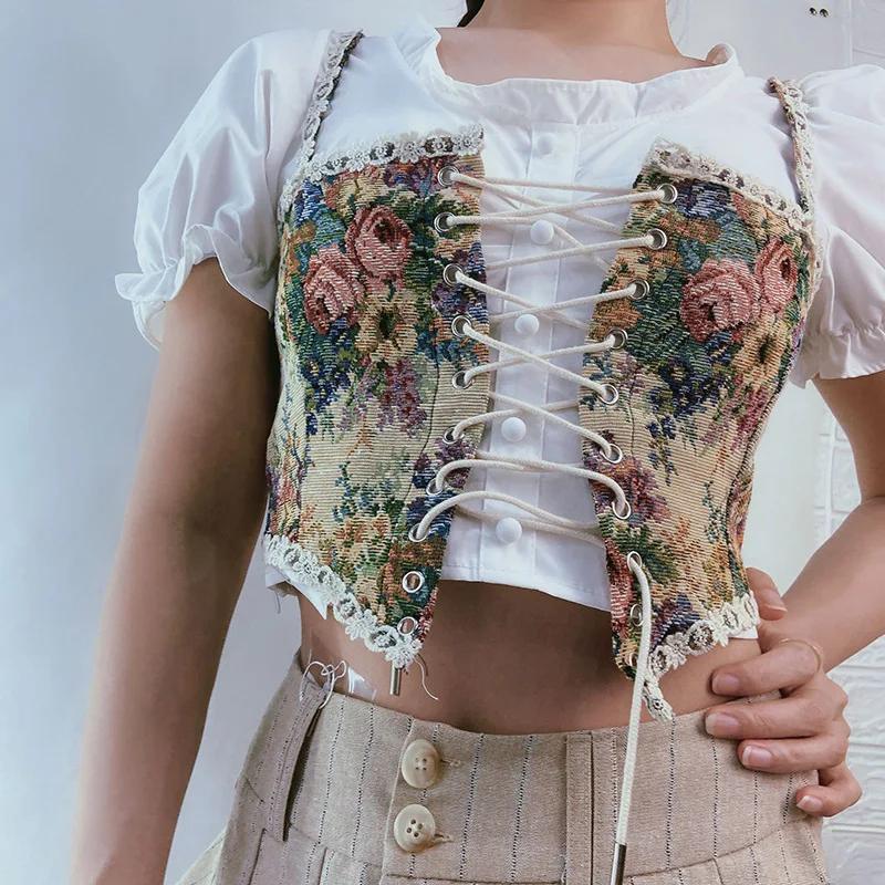 Women Elegant Designer French Vintage Print Halter Tops Chic Bandage Floral Corset Shirts Sexy Style Party Club Ladies Top