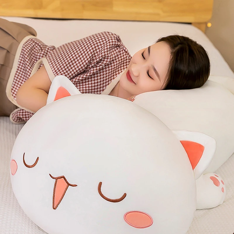 Kawaii Cat Plush Doll Stuffed Pillow Lying Cat Pillow Back Cushion White Grey Lovely Kids Plush Doll Birthday Gift for Children 5