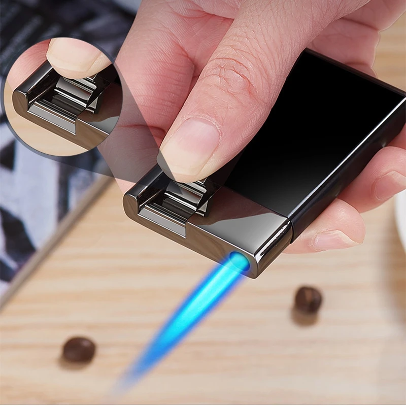 

New Windproof Metal Lever Push Inflatable Lighter Men's Jet Butane Gas Smoking Accessories 2023