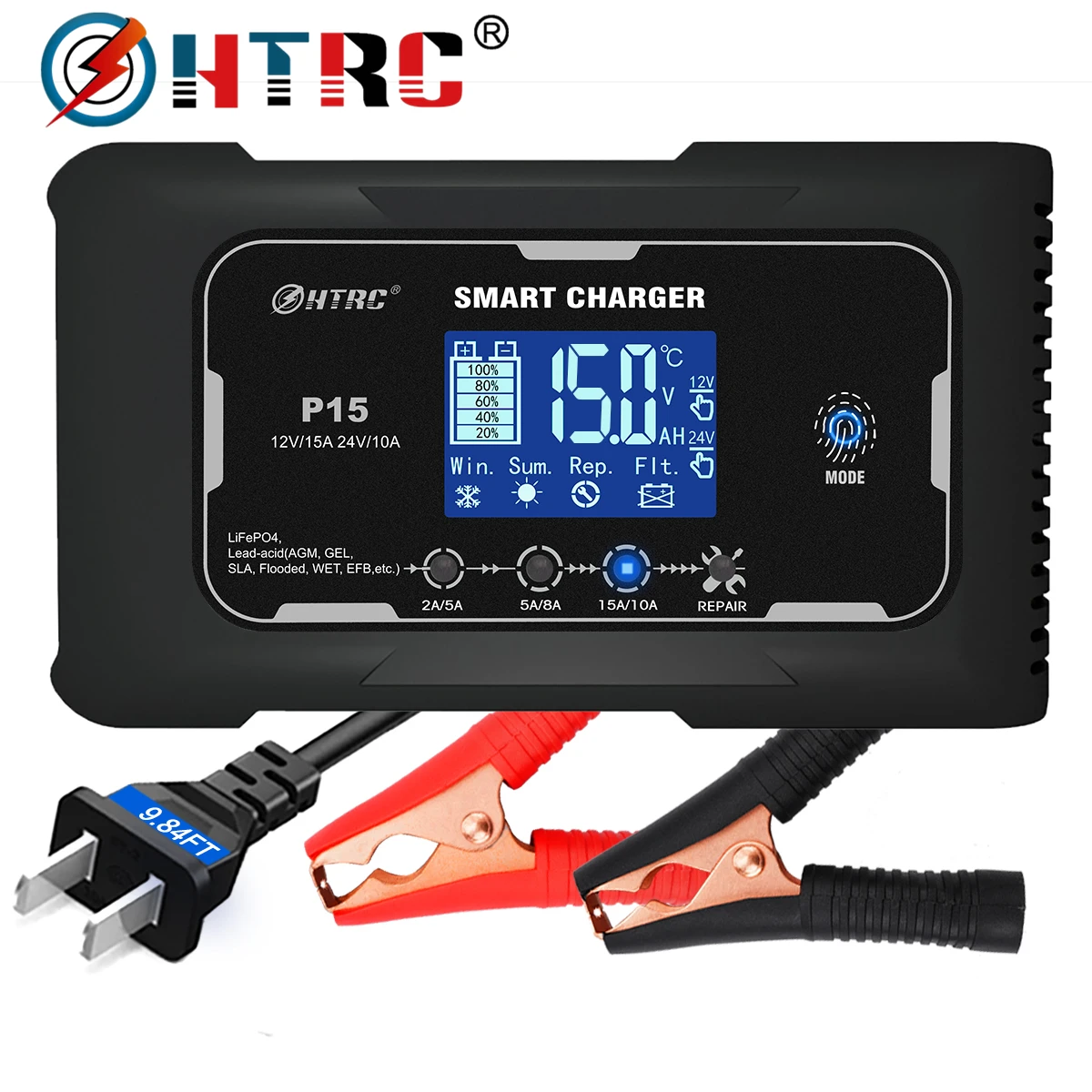 12V/24V 15A/20A Car Battery Charger Smart Charger for Lead-Acid PB LiFePO4 Battery 7-Stage Automatic Car Motorcycle